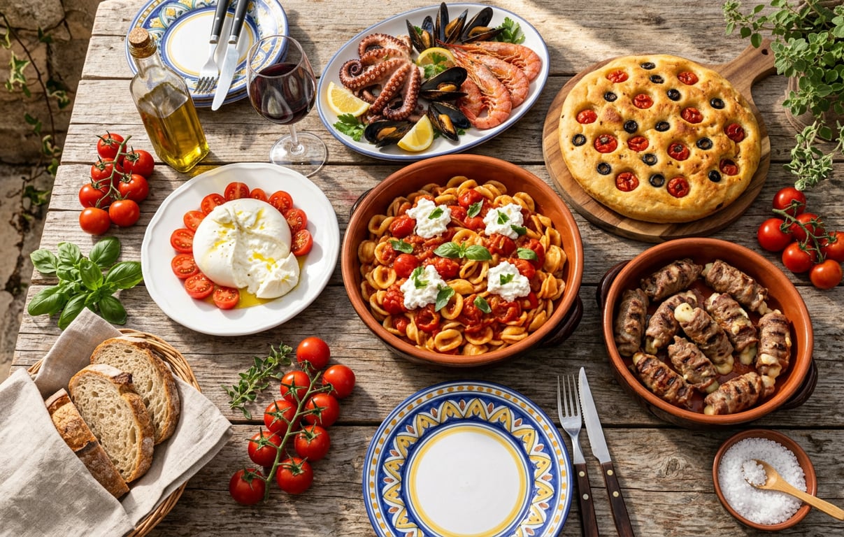 Masă tradițională din Puglia cu orecchiette, burrata și specialități locale italiene
