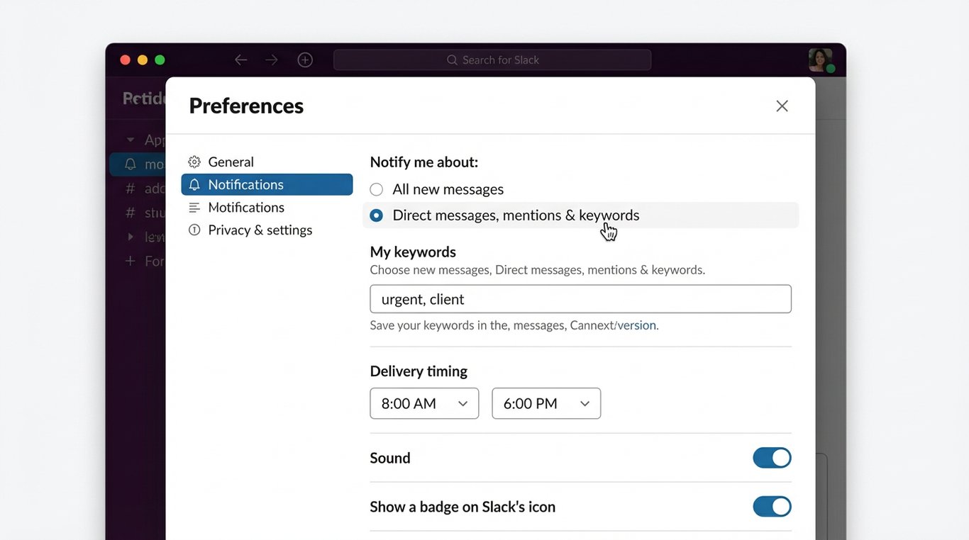 Detailed view of Slack preferences menu highlighting notification customization options and trigger level selections