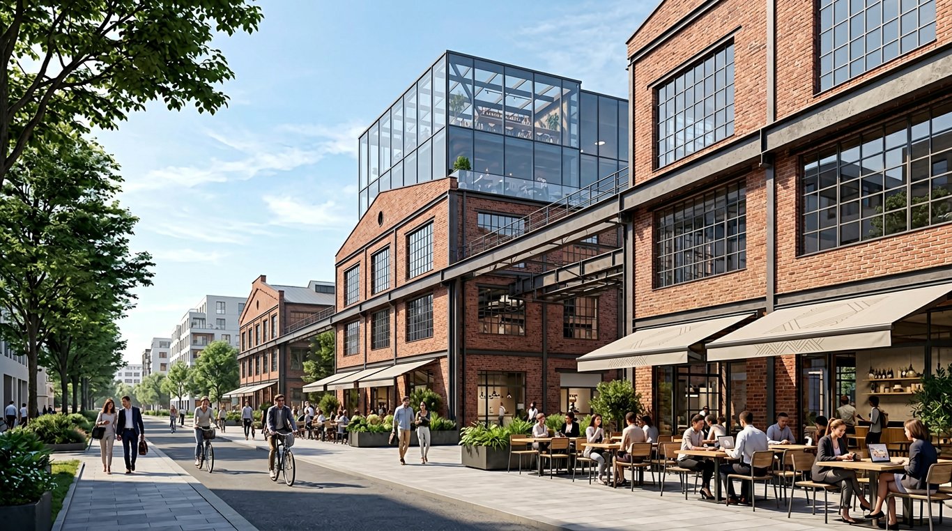 Cartierul Karlín din Praga cu clădiri industriale renovate și restaurante moderne