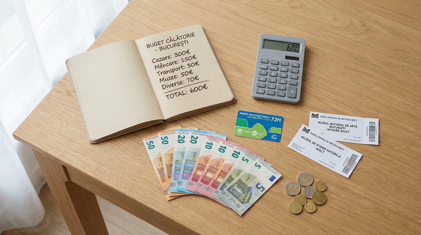 Planificare buget de city break cu euro, agendă și calculator pe masă.