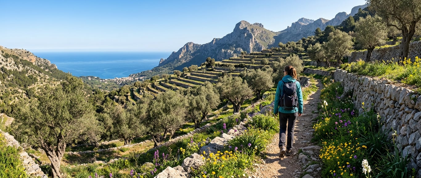 Drumeț pe traseu montan în Serra de Tramuntana cu peisaj spectaculos mediteranean