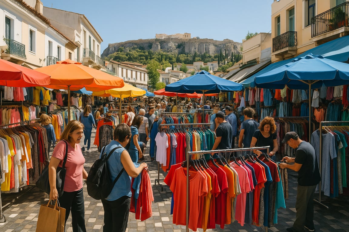 A bustling outdoor market scene in Athens, Greece, during the daytime, showcasing various clothing stalls with sale signs, shoppers browsing through discounted items, vibrant colors of clothing and market umbrellas, capturing the lively atmosphere of a traditional Greek market with a focus on retail sales.