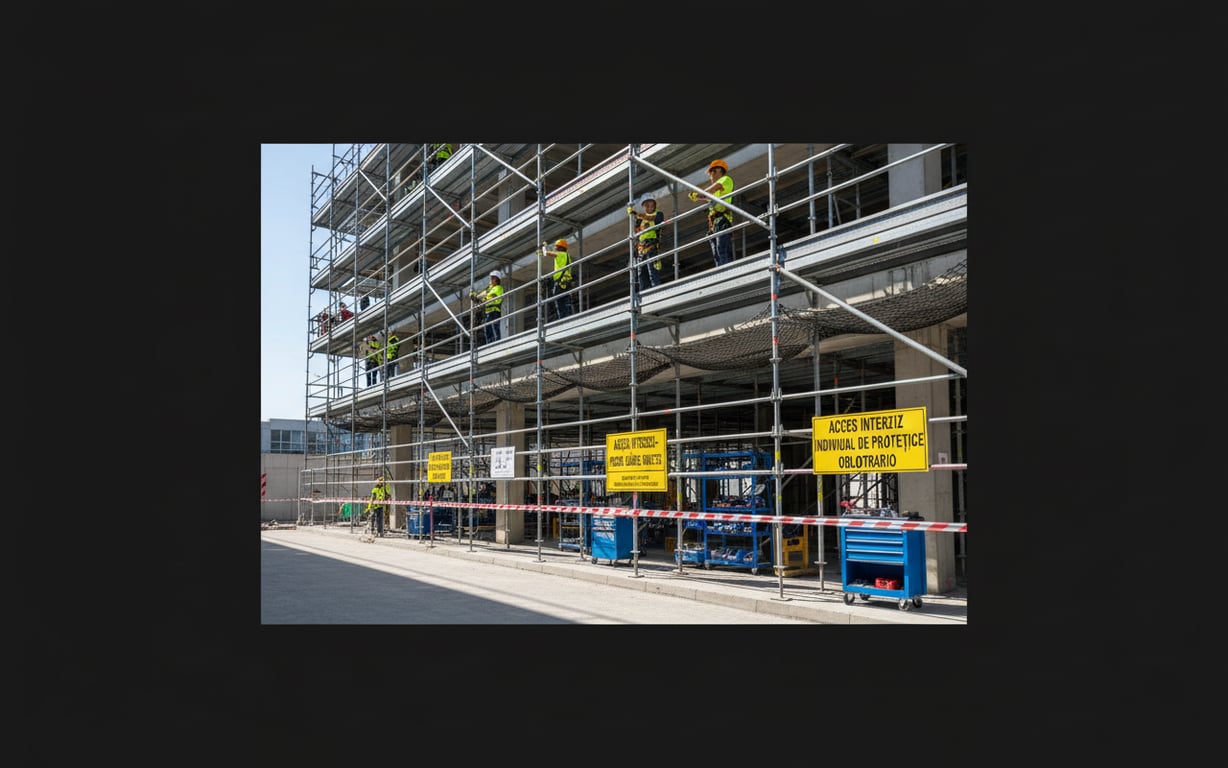 Santier de constructii organizat cu schele, balustrade si zone delimitate pentru siguranta