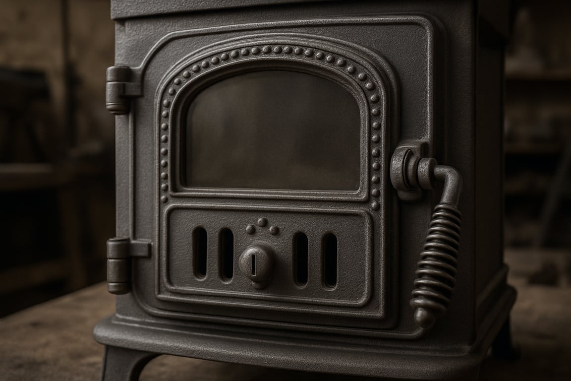A close-up shot of a high-quality cast iron stove door, showcasing its intricate design and robust construction, with a focus on the secure latching mechanism and adjustable air vents, photographed in a workshop setting with soft, diffused lighting to highlight the details and craftsmanship.