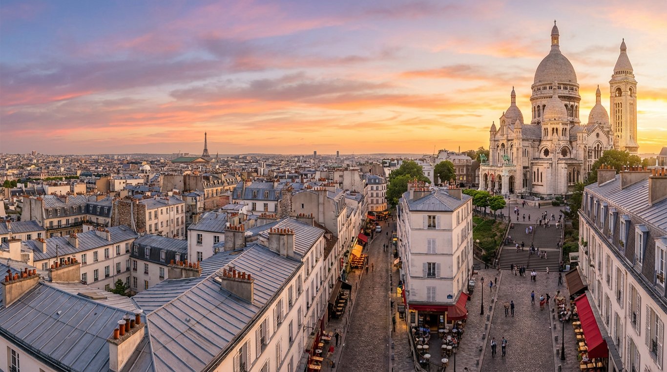 Basilica Sacré-Cœur pe dealul Montmartre cu panoramă asupra acoperișurilor pariziene la apus