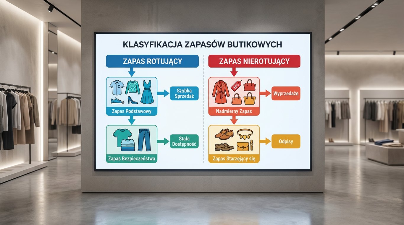 Diagram przedstawiający klasyfikację zapasów w butiku modowym z podziałem na kategorie rotujące i nierotujące