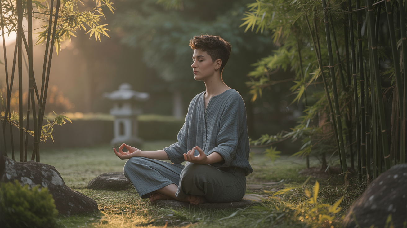 Un Capricorn meditând într-o grădină liniștită, căutând echilibru interior.