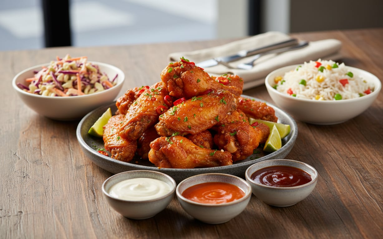 Aripioare picante servite cu garnituri și sosuri pe masă