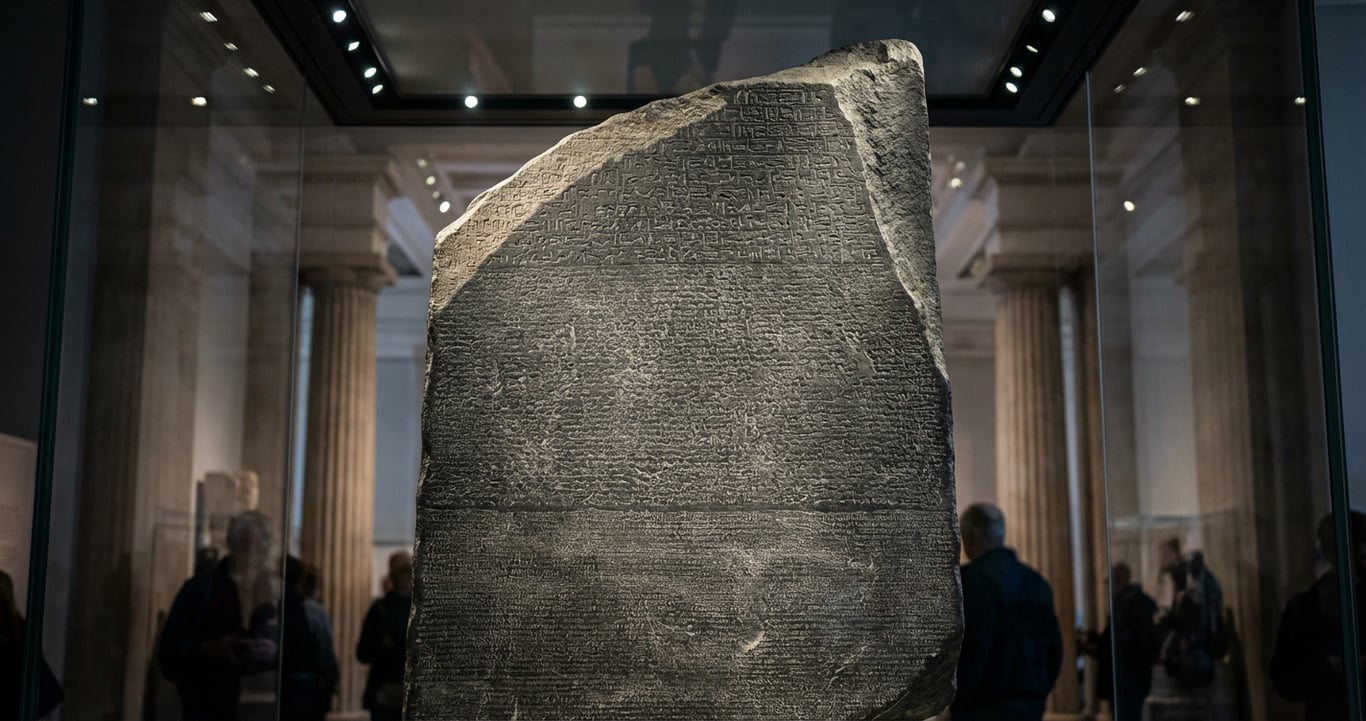 Piatra Rosetta expusă la British Museum cu hieroglife egiptene antice vizibile