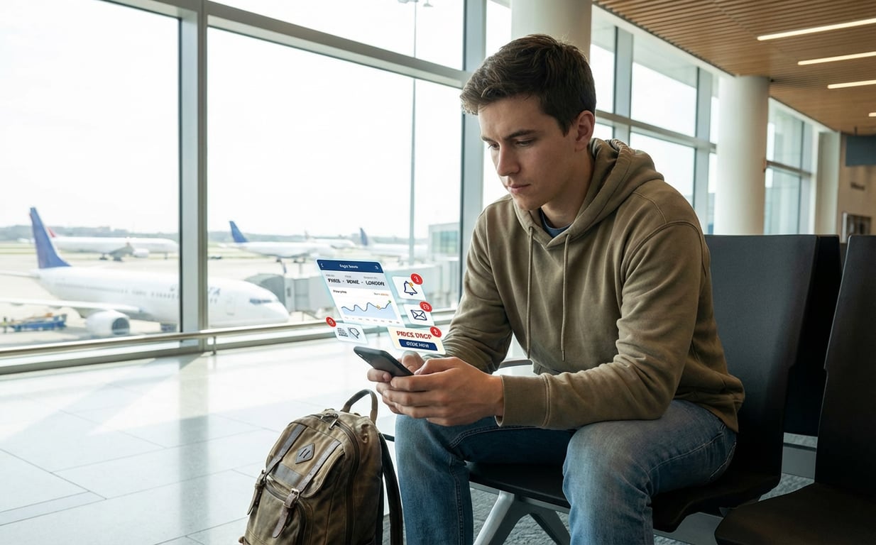 Călător verificând pe smartphone notificări de alertă de preț pentru zboruri în aeroport modern european