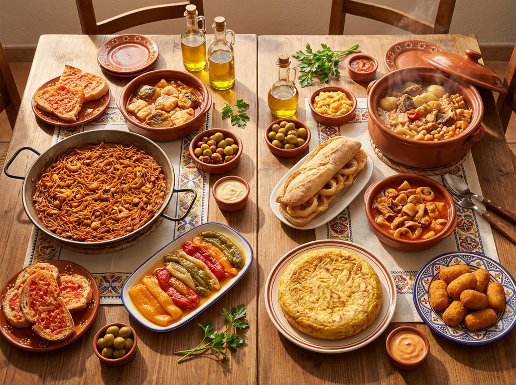 Masa cu tapas madrilene și preparate catalane cu fructe de mare, atmosferă locală.