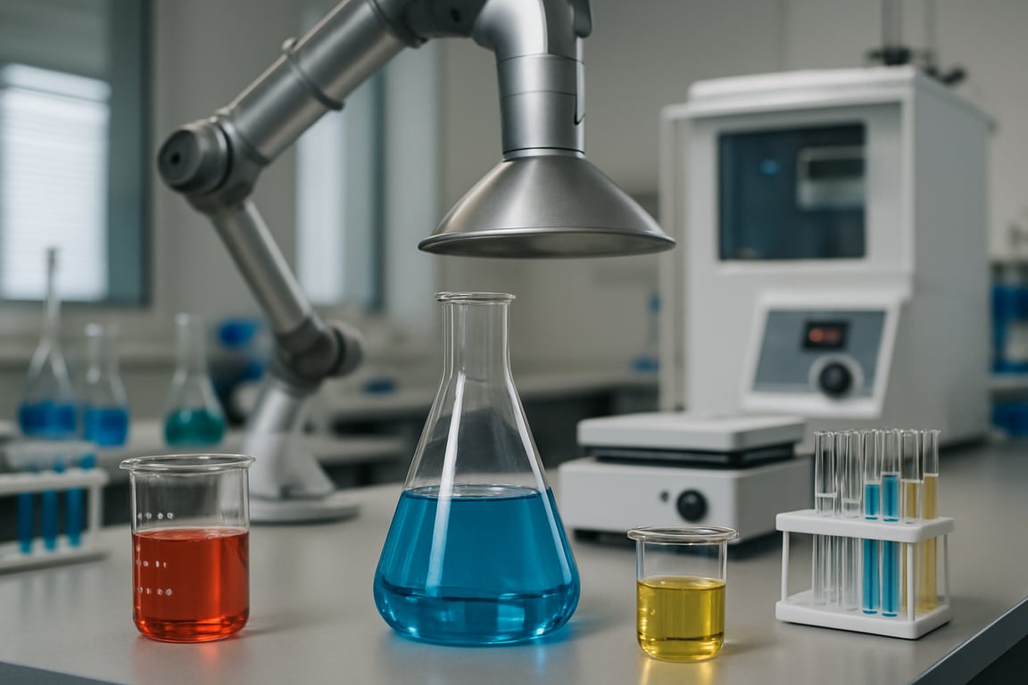 A photorealistic shot capturing a chemical laboratory setting with various beakers, test tubes, and scientific instruments on a workbench, with a focus on the ventilation system and temperature control equipment, emphasizing the importance of environmental factors in selecting appropriate chemical protective clothing, photographed with a shallow depth of field.