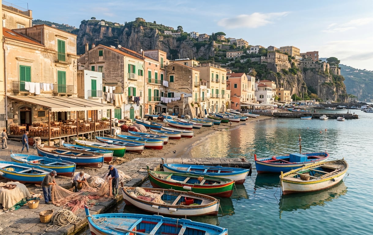 Portul pitoresc Marina Grande din Sorrento cu bărci tradiționale de pescari și restaurante autentice pe malul apei