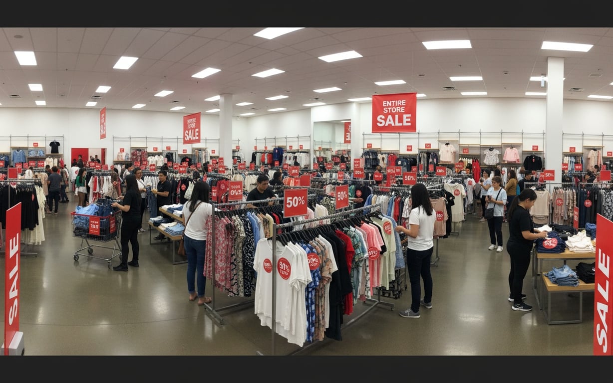 Fashion retail clearance sale with discount signs and promotional displays