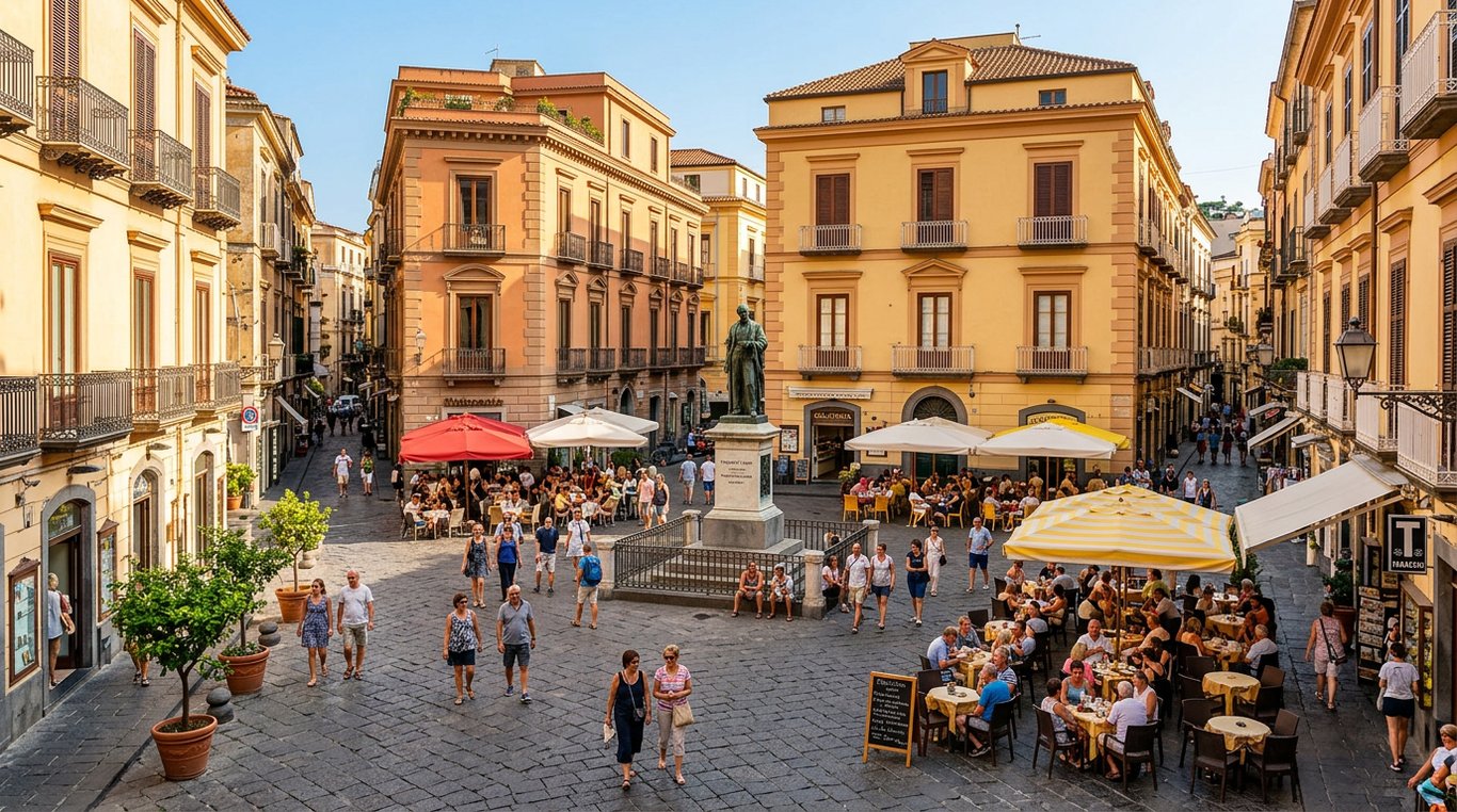 Piazza Tasso animată în centrul istoric Sorrento cu cafenele în aer liber și clădiri italiene colorate