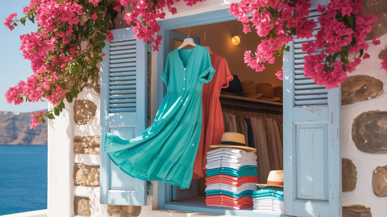 Ελκυστική βιτρίνα μπουτίκ με καλοκαιρινά ρούχα και φωτεινά χρώματα