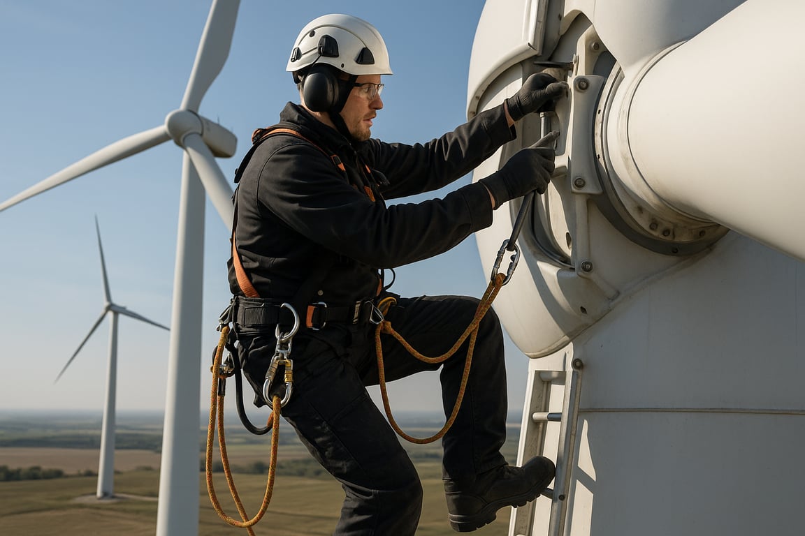 A photorealistic shot capturing a utility climber performing maintenance on a wind turbine, wearing full safety gear and using specialized equipment, showcasing the practical application of climbing skills in ensuring the functionality and safety of critical infrastructure, with a focus on the climber's expertise and the importance of proper equipment.