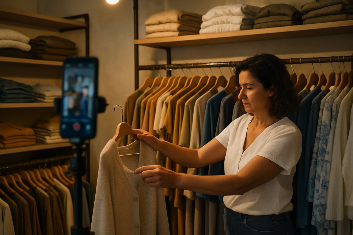 A photorealistic shot capturing a behind-the-scenes view of a Greek boutique owner carefully selecting clothing items, showcasing the curation process for TikTok content, warm and inviting lighting, emphasizing the personal touch and dedication to quality, shelves filled with stylish garments, reflecting the unique aesthetic of the boutique, photographed in a documentary style.
