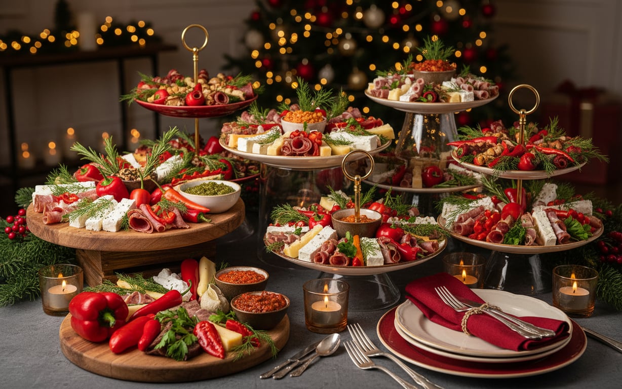 Masă festivă cu aperitive aranjate pe suporturi de diferite înălțimi