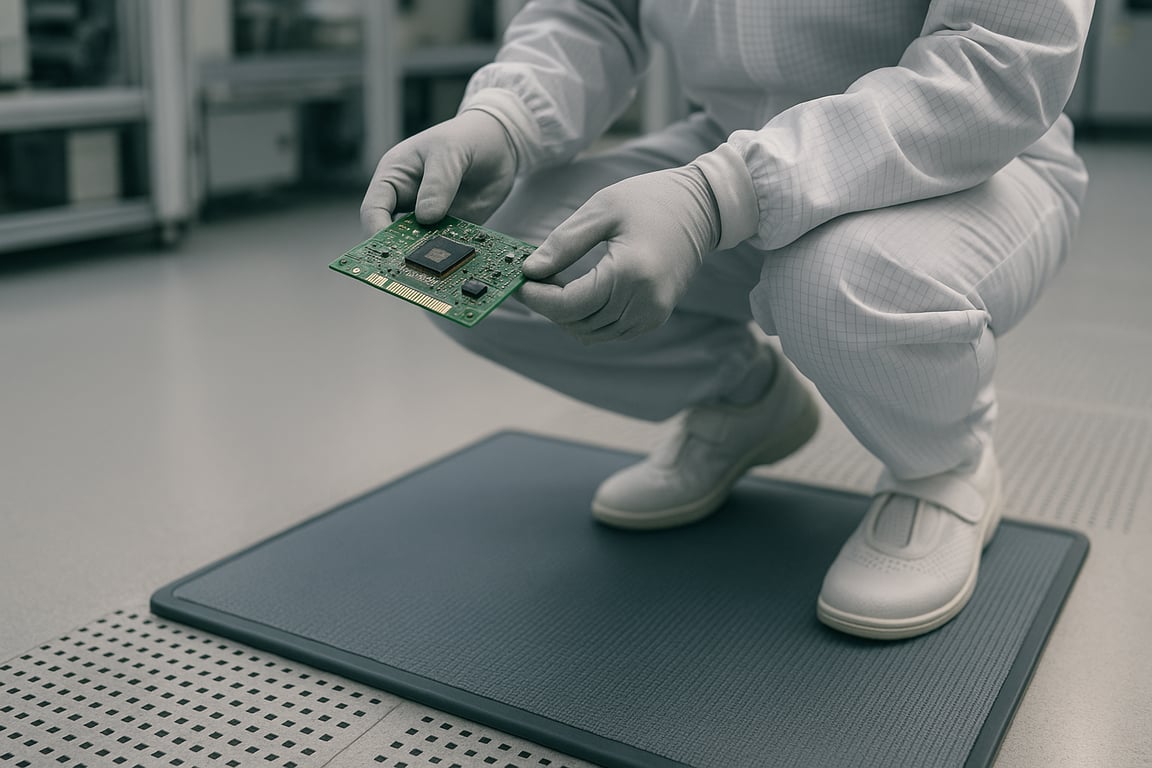 Muncitor in cleanroom purtand incaltaminte antistatica