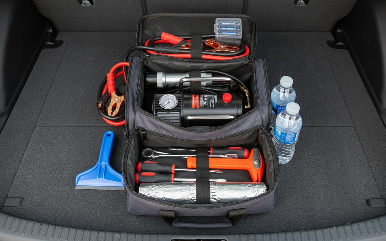Kit complet de urgenta auto organizat cu cabluri pornire, lanterna LED, scule si echipamente iarna
