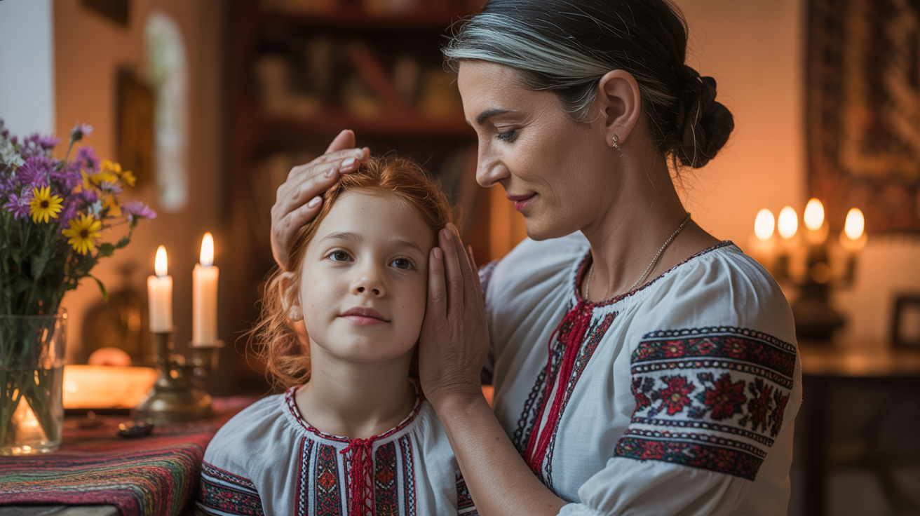 O mamă binecuvântându-și fiica, într-un cadru familial cald și iubitor.