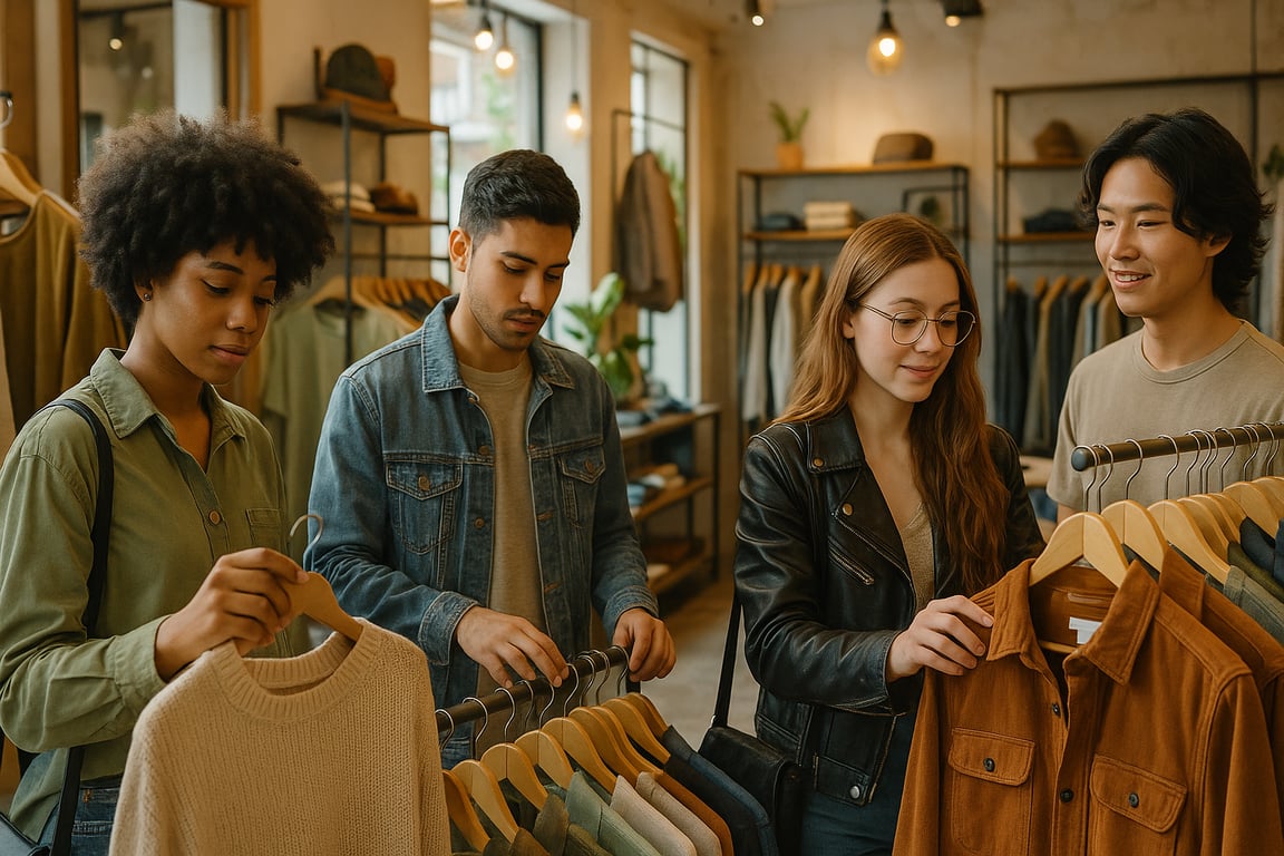 A photorealistic shot capturing a diverse group of young adults browsing clothing in a trendy boutique, reflecting different styles and preferences, with soft lighting and a focus on the customer experience, showcasing the importance of understanding your target market.