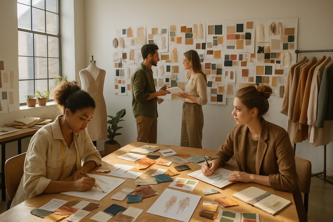 A photorealistic shot capturing a fashion brand's design studio, with designers sketching and collaborating on new collections, fabric swatches and mood boards displayed on the walls, natural light streaming through large windows, creating a creative and inspiring atmosphere, emphasizing the application of trend forecasting insights in the design process, shot from a slightly elevated angle to capture the entire studio space.