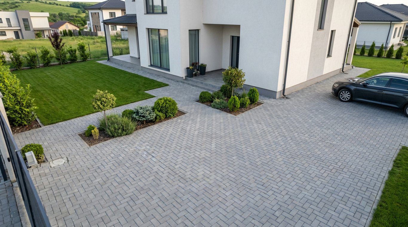 Curte modernă pavată cu dale de beton în tonuri gri, delimitată de borduri și vegetație decorativă