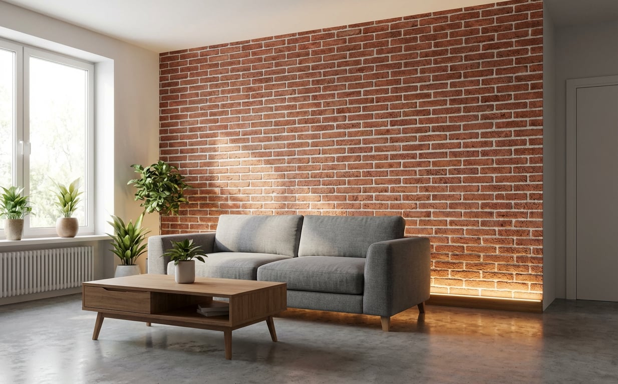 Living modern cu perete accent din cărămidă roșie, mobilier contemporan și iluminare LED caldă