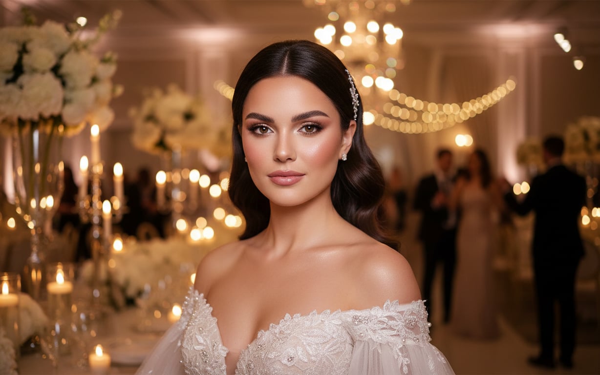 mireasa cu machiaj soft glam si buze satinate roz la nunta