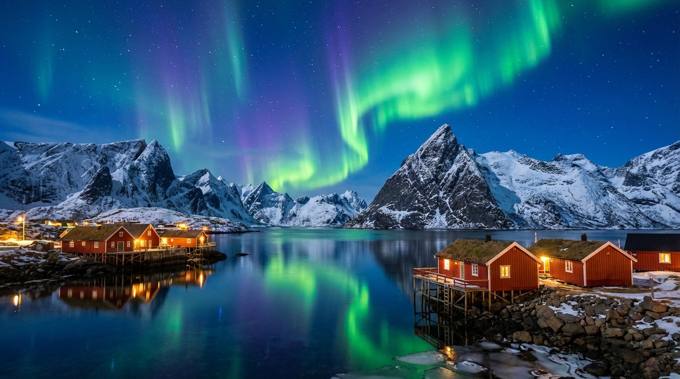Insulele Lofoten cu aurora boreală reflectată în apele fiordului și cabane roșii tradiționale