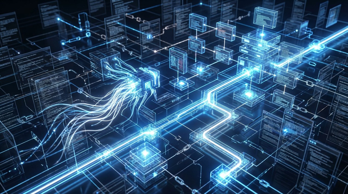AI crawler bot navigating website architecture with llms.txt protocol guidance visualization