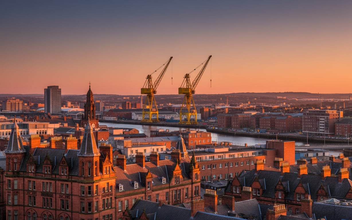 Panoramă a orașului Belfast cu clădiri victoriene și macaralele istorice Samson și Goliath