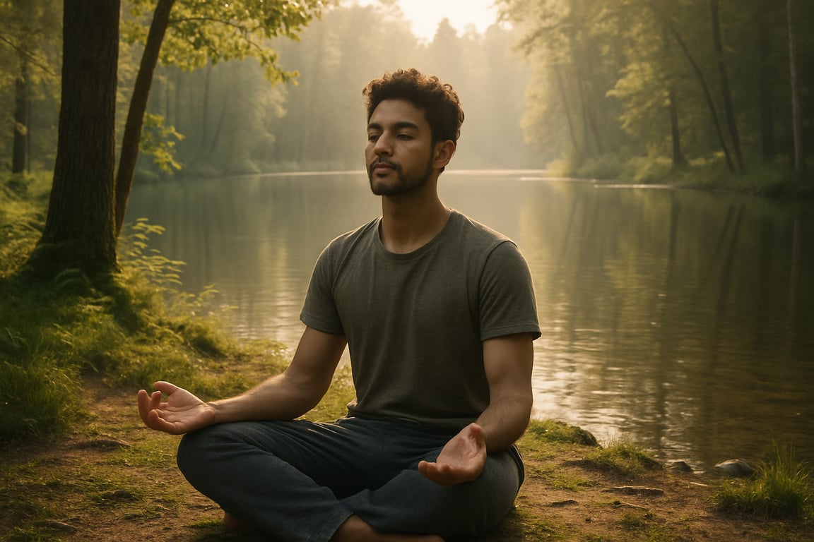 A photorealistic shot capturing a person meditating in a serene natural setting, such as a forest or by a lake, with soft, diffused sunlight filtering through the trees, creating a peaceful and calming atmosphere, emphasizing the importance of mindfulness and inner peace, captured in a realistic and tranquil style.