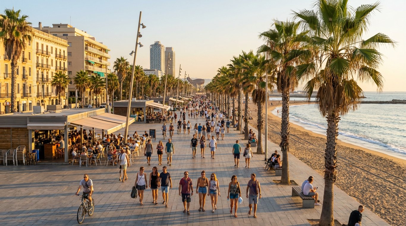 Promenadă Barceloneta plajă Mediterană turişti plimbându-se la apus palmieri nisip