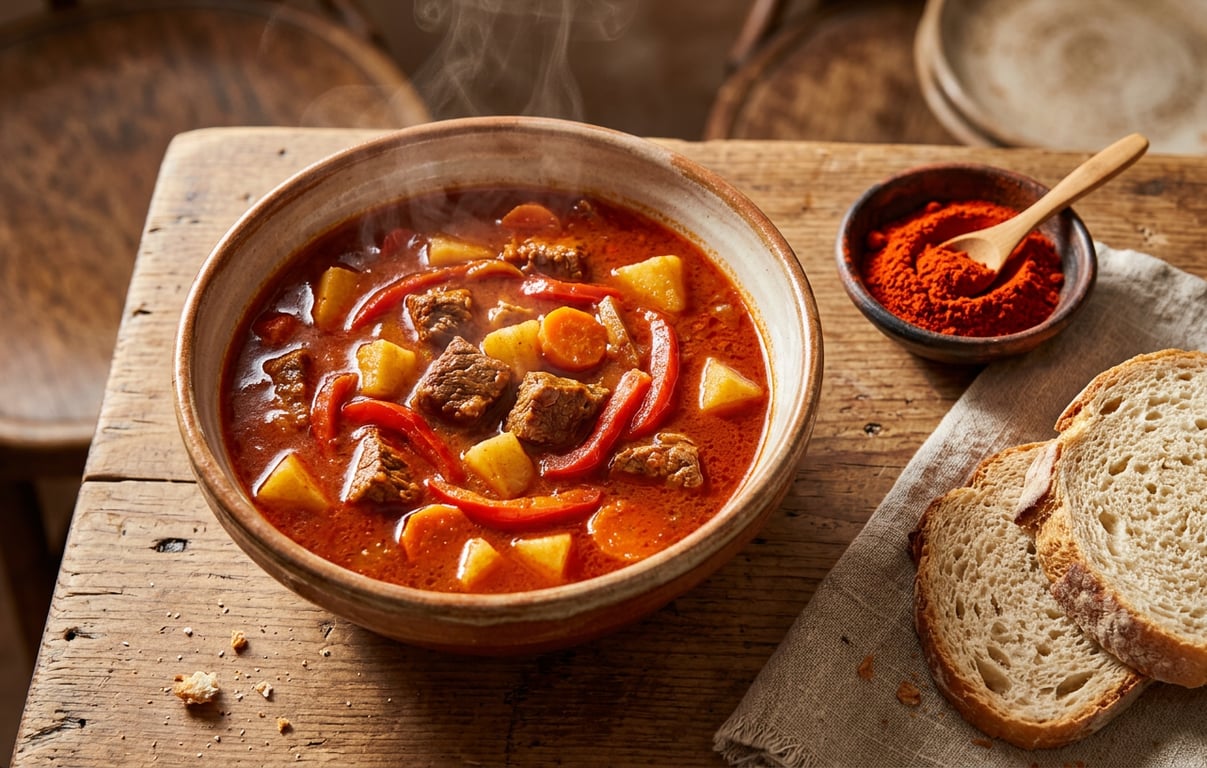 Gulaș unguresc tradițional servit în castron de ceramică cu pâine și paprika
