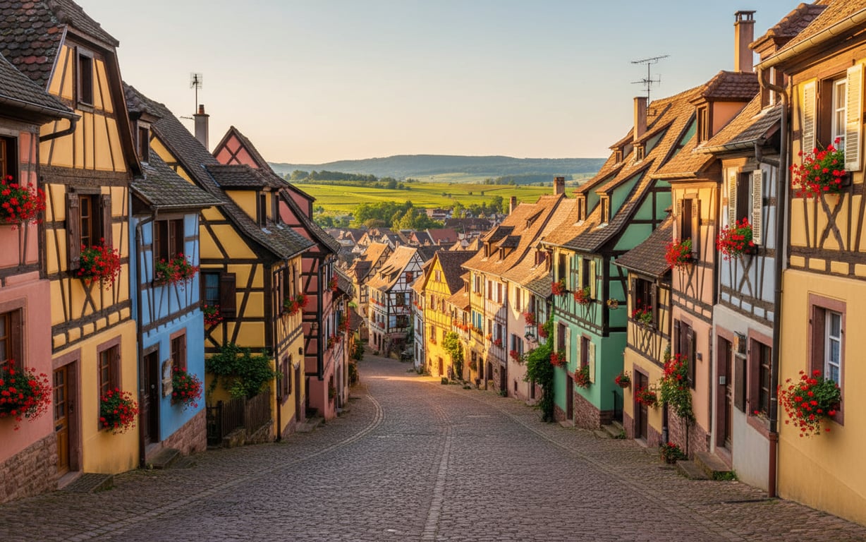 Case colorate dispuse în cercuri concentrice în satul Eguisheim, Alsacia