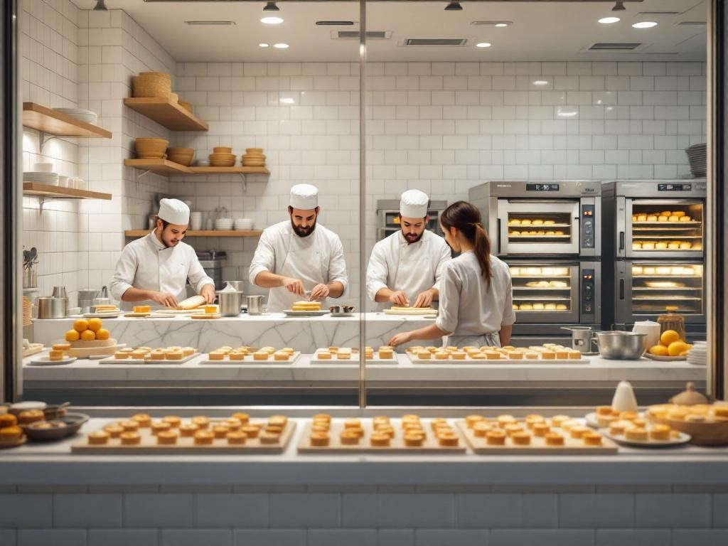 Bucătărie deschisă la Manteigaria cu meșteri preparând pasteluri de nata proaspete