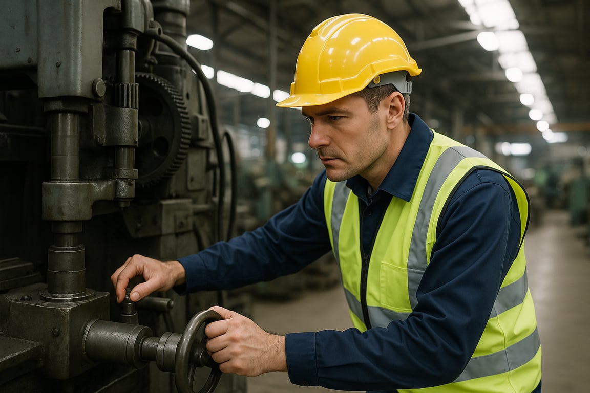 A photorealistic shot capturing a worker in a factory setting wearing a high-visibility vest and a safety helmet, with a focused expression, working near heavy machinery. The scene emphasizes the importance of safety gear in industrial environments, with the worker's posture and the surrounding equipment conveying a sense of diligence and caution. The lighting is bright and industrial, highlighting the details of the machinery and the worker's protective equipment.