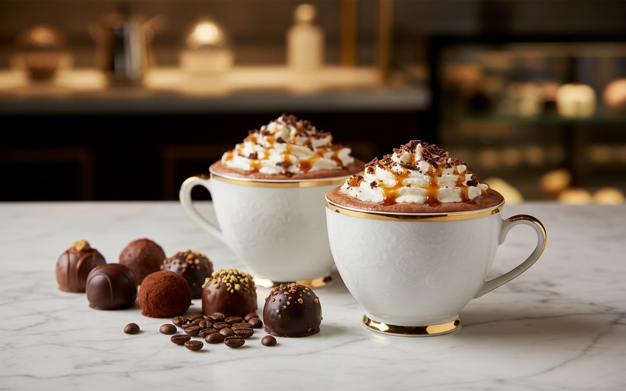 Ciocolată caldă gourmet cu frișcă și decorațiuni elegante