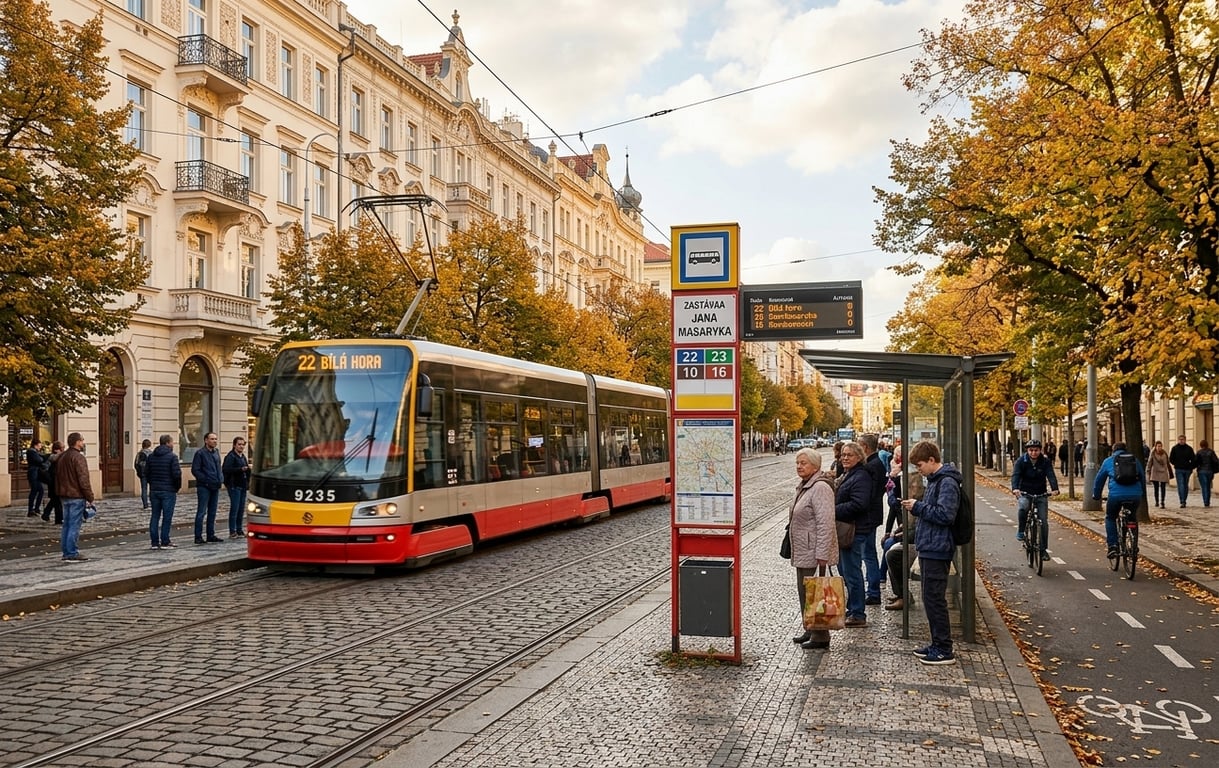 Tramvai modern în Praga circulând prin cartier rezidențial cu arhitectură istorică