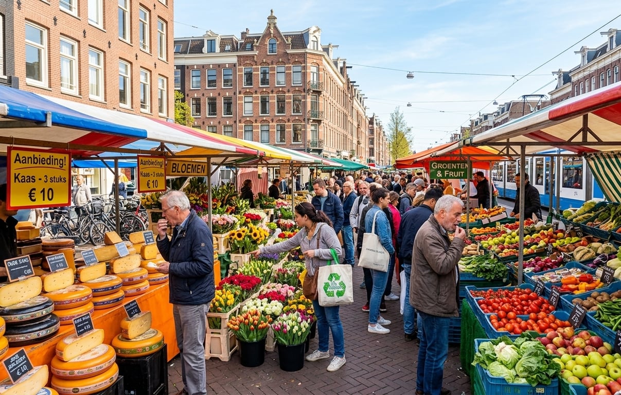 Piața Albert Cuyp din Amsterdam plină de standuri colorate cu produse proaspete