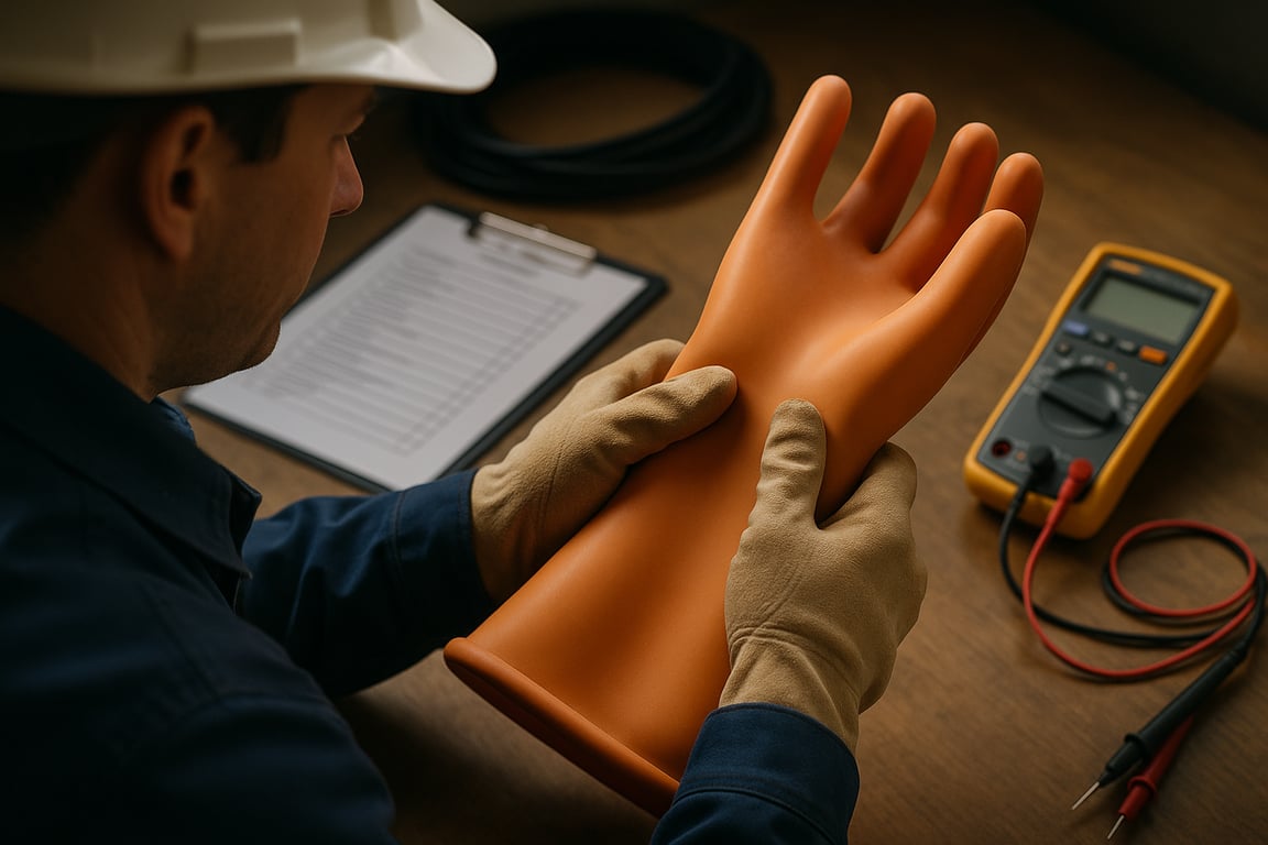 A photorealistic shot capturing a close-up of an electrician inspecting insulated gloves for damage before use, with a checklist and testing equipment nearby, soft lighting, focus on the gloves and the inspection process, emphasizing the importance of regular maintenance and verification of safety equipment.
