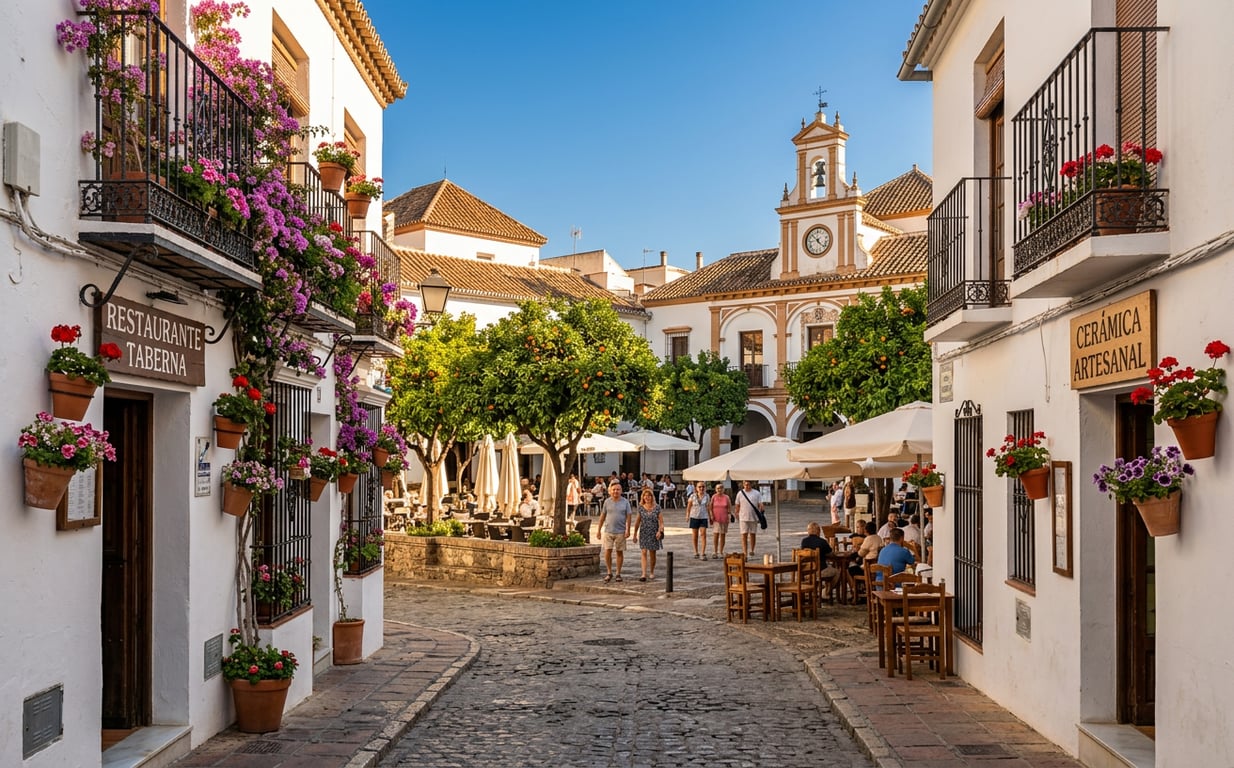 Centrul vechi Marbella cu străzi înguste pavate și clădiri albe andaluze tradiționale