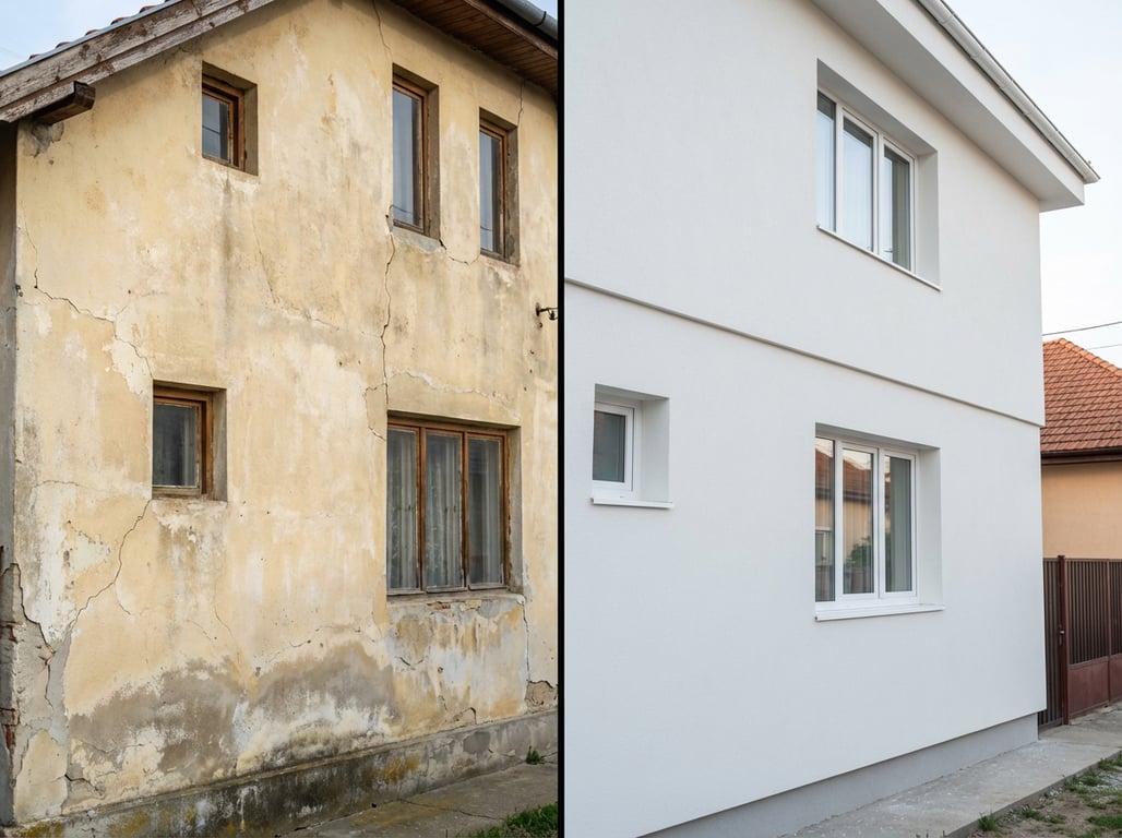 Comparație înainte și după renovarea fațadei unei case cu izolație termică