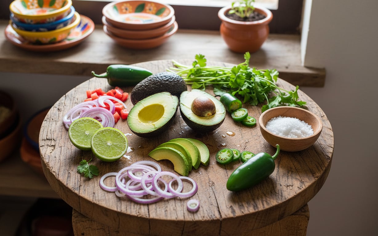 Ingrediente proaspete pentru guacamole picant aranjate pe masă de lemn