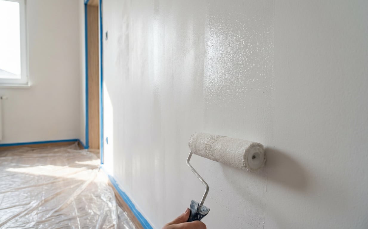 Grund de amorsare aplicat uniform pe perete interior pregătit pentru vopsire