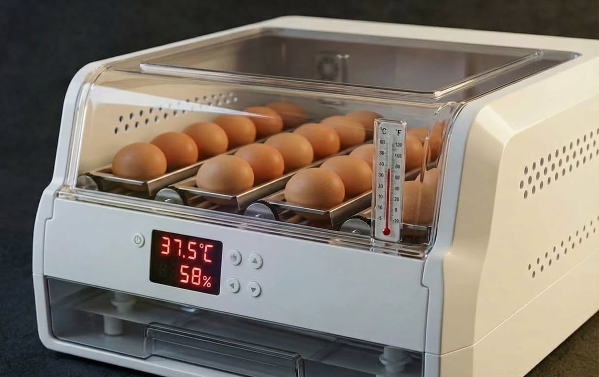 Incubator modern pentru ouă cu display digital arătând temperatura și umiditatea