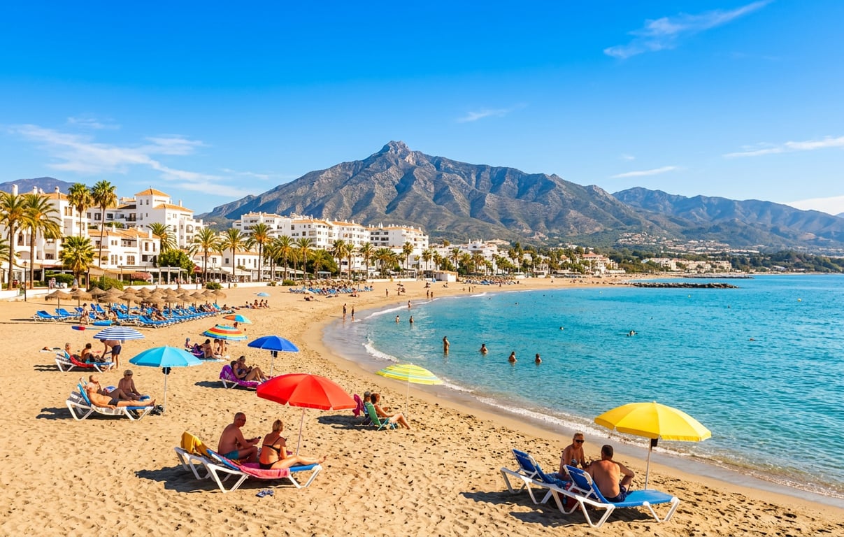 Turiști relaxați pe plaja însorită din Costa del Sol, Spania